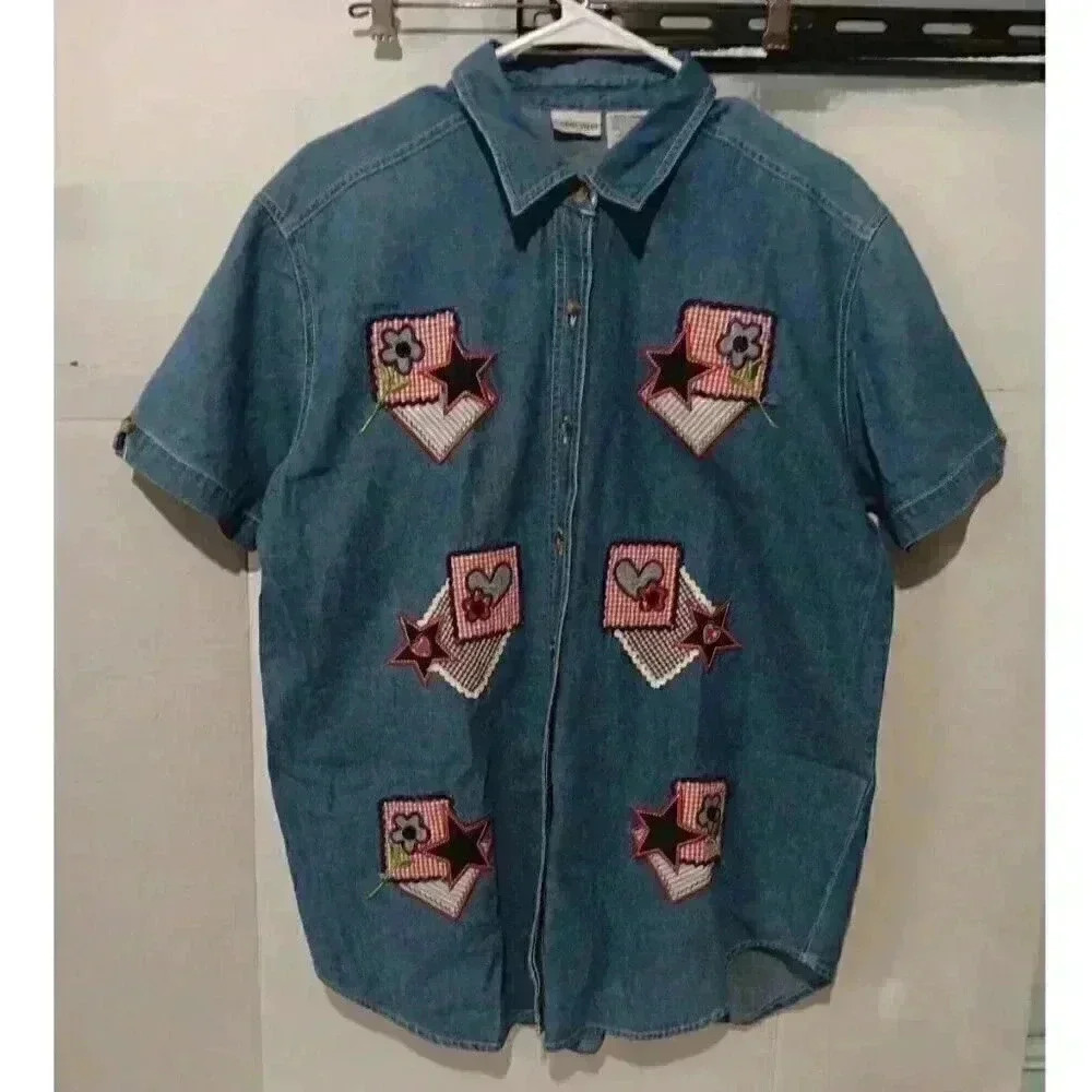 "CABIN CREEK" Womens Button DwnTop L Denim Shirt Short‎ Sleeve W/Red,White, Blue